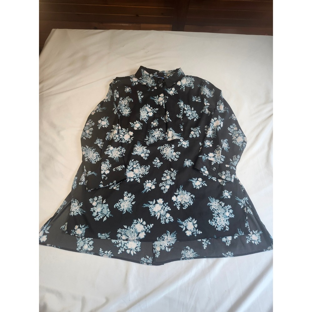 Simply Vera Vera Wang Womens Large Black Blue Floral High Low Button Front Tunic